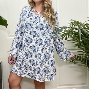 Altar’d State Floral Bell Sleeve Dress Bohemian White Blue Long Sleeve S